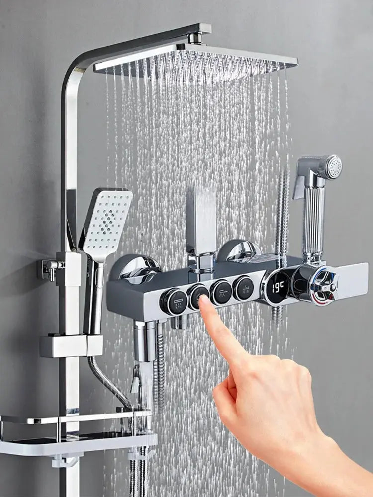 Luxury Silver Led Digital Display Brass Shower Set 4 Keys Faucets Mixers Taps Shower Sets Thermostatic Shower Mixer Faucet My Store