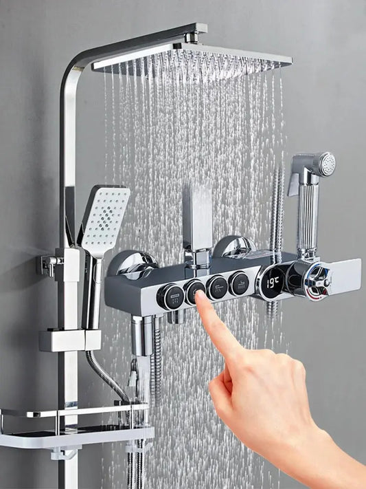 Luxury Silver Led Digital Display Brass Shower Set 4 Keys Faucets Mixers Taps Shower Sets Thermostatic Shower Mixer Faucet My Store