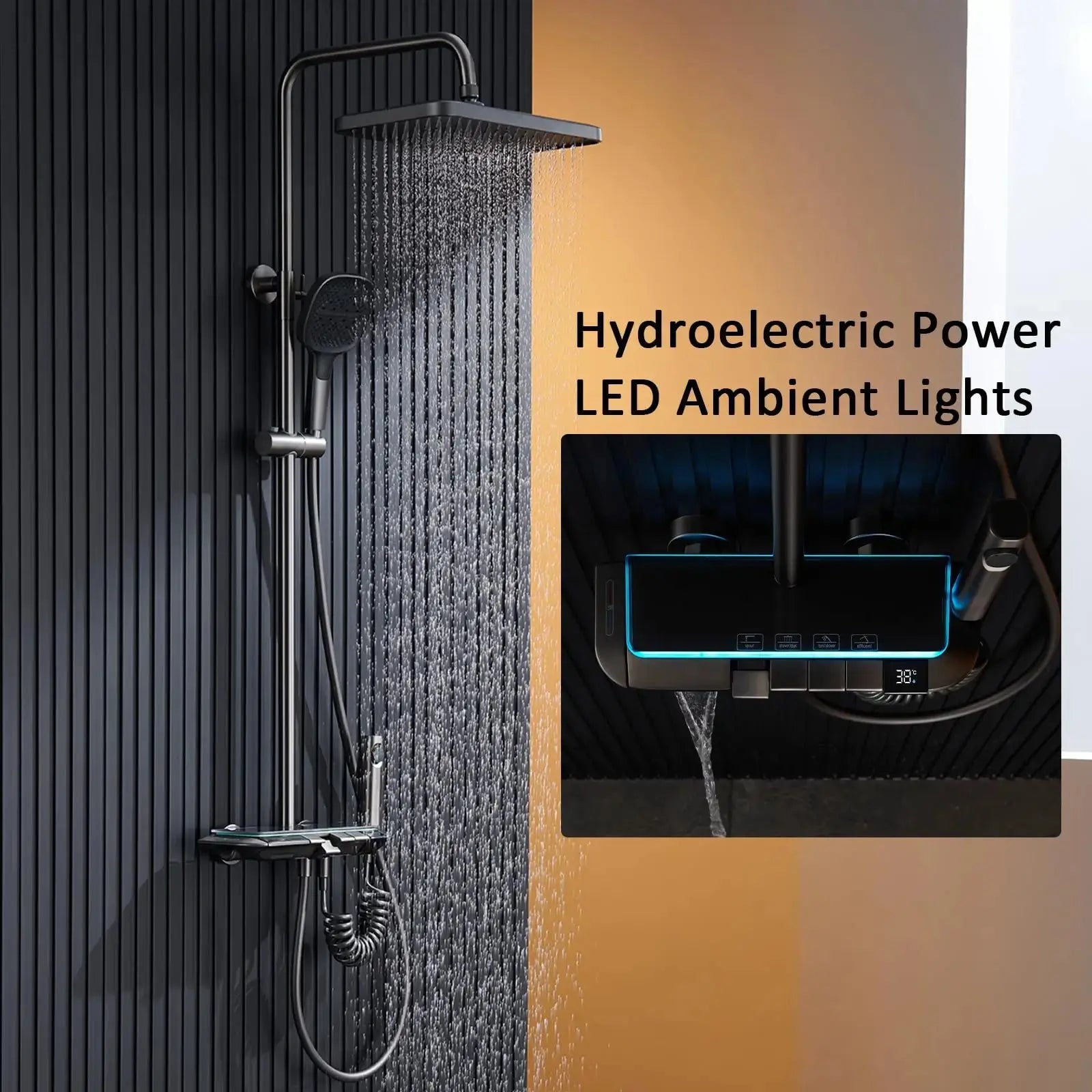 Smart LED Digital Display Temperature Rainfall Bathroom Shower System Gun Grey Brass Wall-Mounted  Thermostatic Shower Set My Store