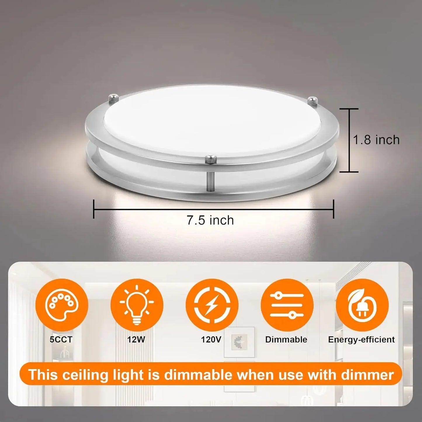 7.5 Inch Round Brushed Nickel LED Ceiling Light Flush Mount with 5 Color Temperatures for Kitchen Bathroom Bedroom My Store