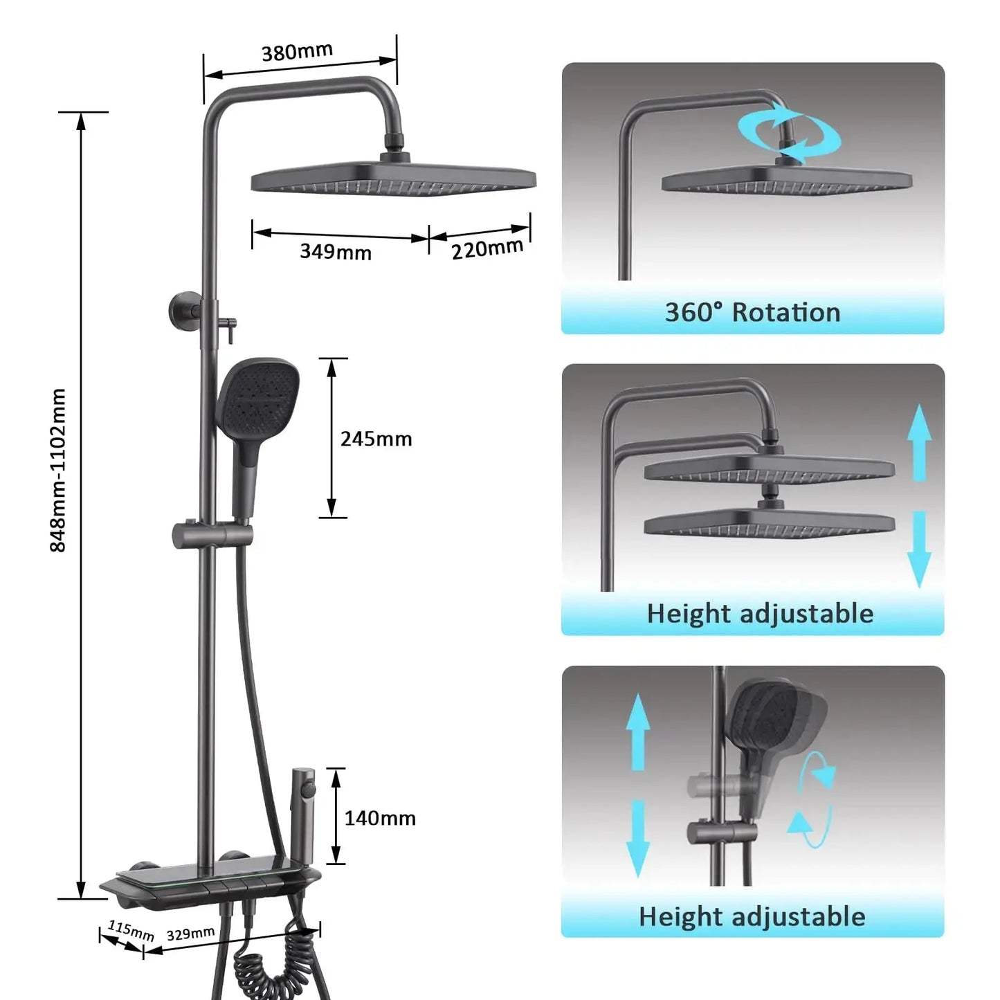 Smart LED Digital Display Temperature Rainfall Bathroom Shower System Gun Grey Brass Wall-Mounted  Thermostatic Shower Set My Store