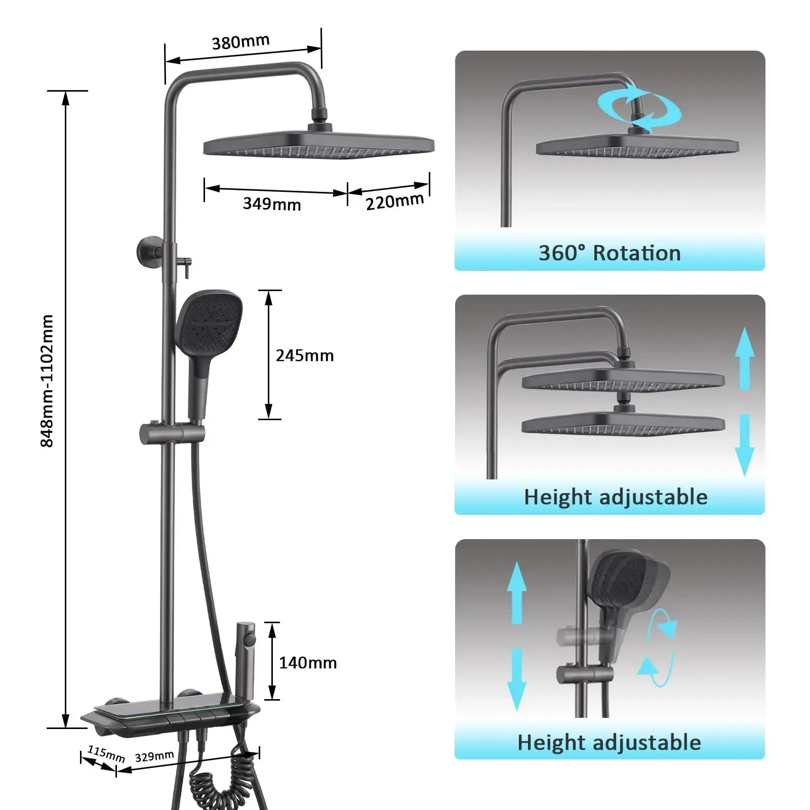 Smart LED Digital Display Temperature Rainfall Bathroom Shower System Gun Grey Brass Wall-Mounted  Thermostatic Shower Set My Store