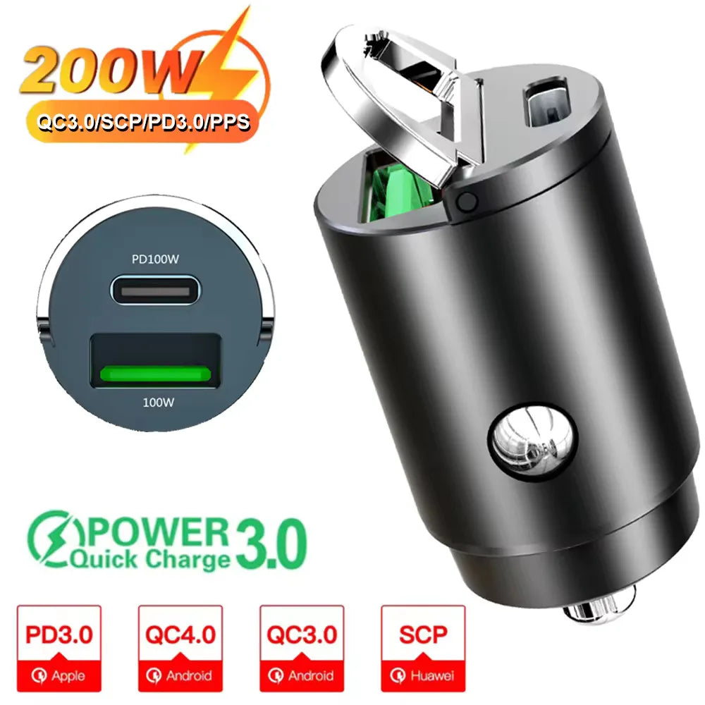 100W/200W QC3.0 PD Mini Car Charger 12-24V Lighter Fast Charging Car USB Type C Charger for Xiaomi Samsung Huawei iPhone Power My Store