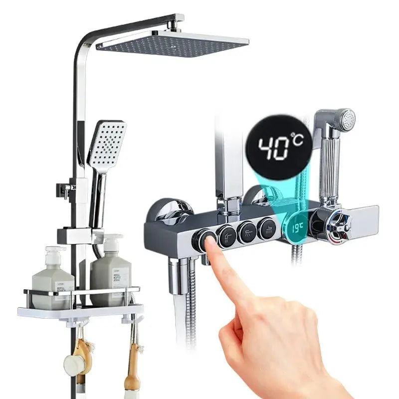 Luxury Silver Led Digital Display Brass Shower Set 4 Keys Faucets Mixers Taps Shower Sets Thermostatic Shower Mixer Faucet My Store