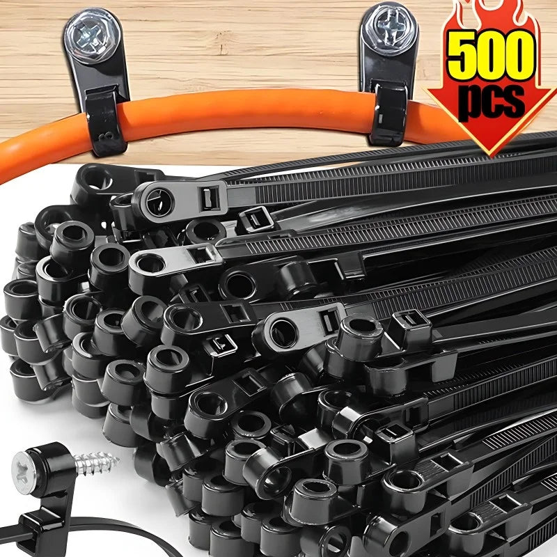 500/100PCS Screw Hole Cable Ties Reusable Fixed Nylon Cable Ties Self-locking Cord Ties Straps Fastening Loop Office Organizer My Store