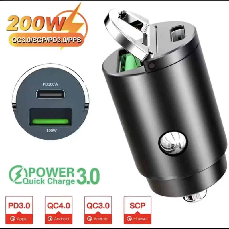 2025 200W mini car charger fast charging for iPhone QC3.0 mini PD USB Type C car mobile phone charger for Xiaomi Samsung Huawei My Store