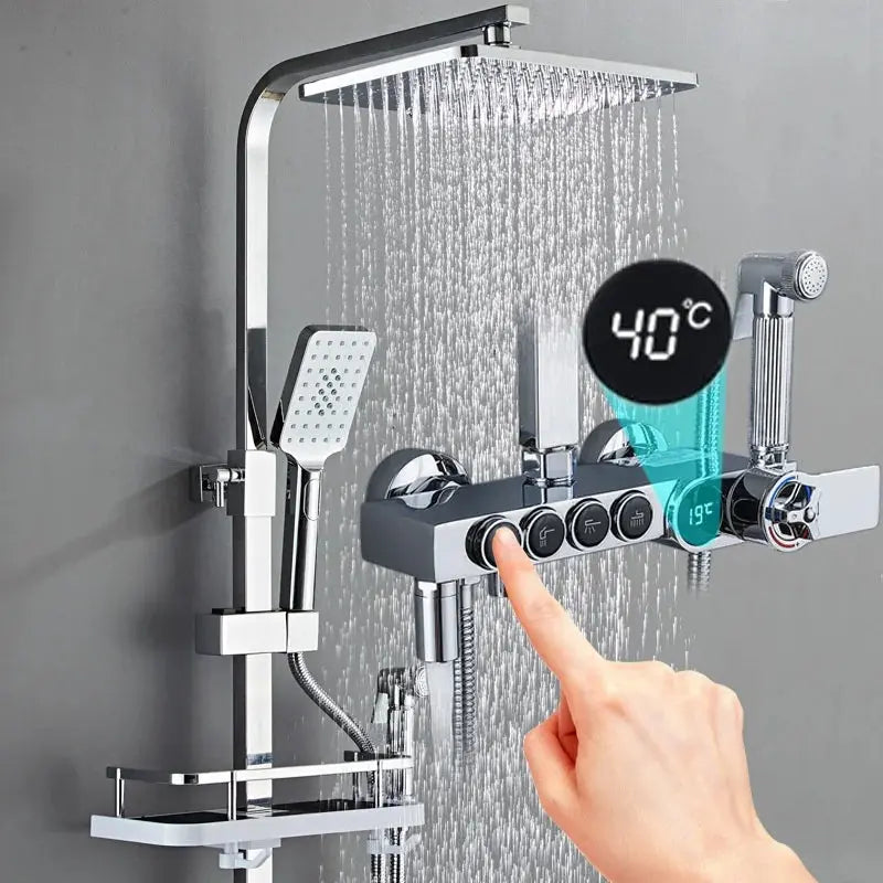 Luxury Silver Led Digital Display Brass Shower Set 4 Keys Faucets Mixers Taps Shower Sets Thermostatic Shower Mixer Faucet My Store