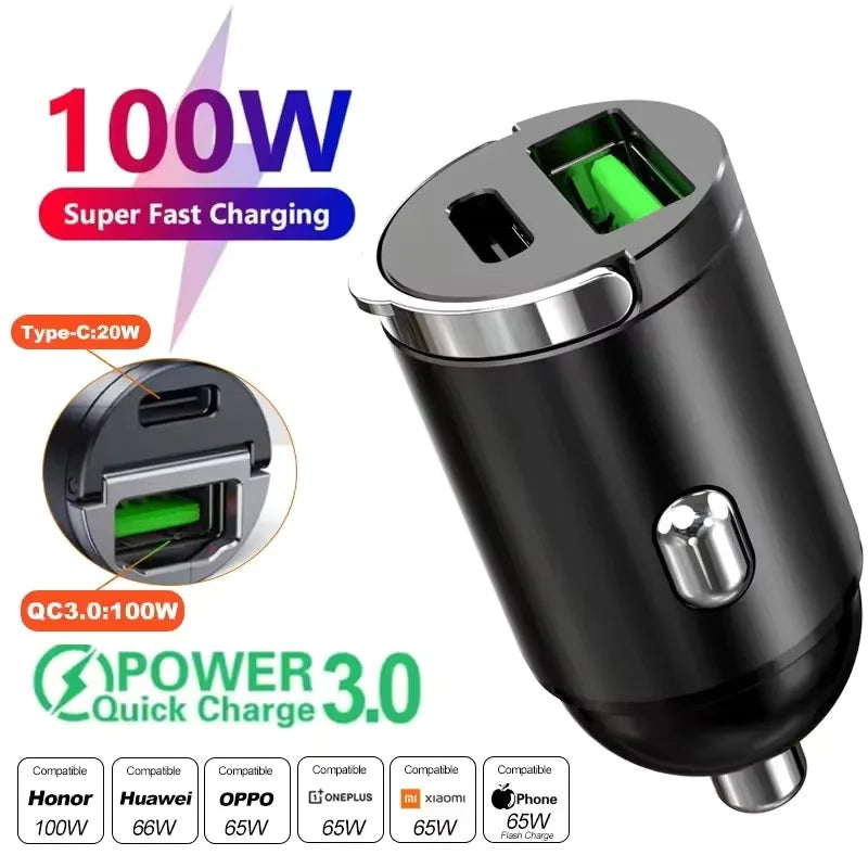 2025 200W mini car charger fast charging for iPhone QC3.0 mini PD USB Type C car mobile phone charger for Xiaomi Samsung Huawei My Store