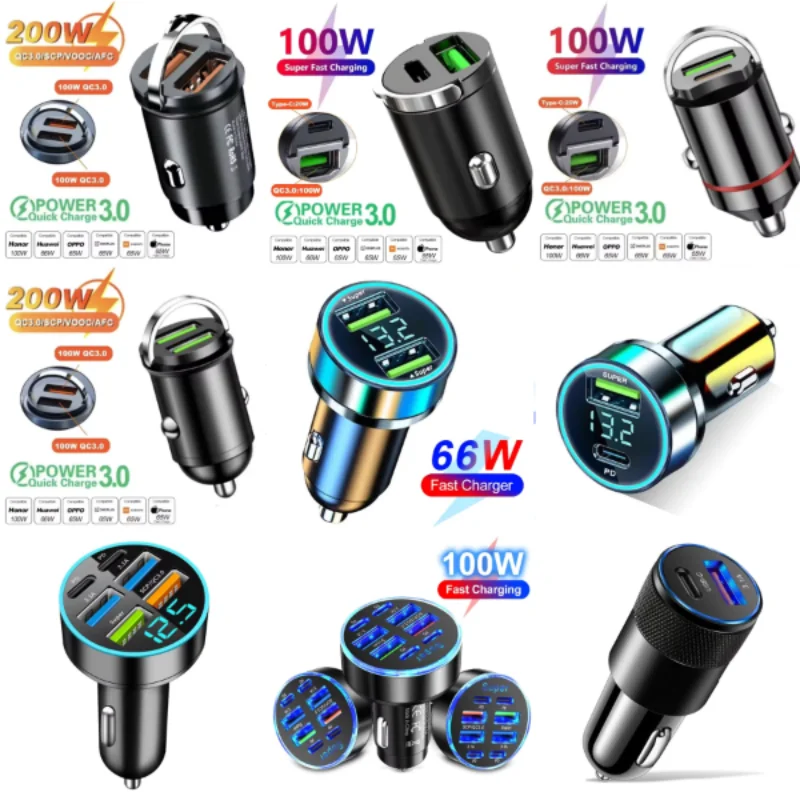 2025 200W mini car charger fast charging for iPhone QC3.0 mini PD USB Type C car mobile phone charger for Xiaomi Samsung Huawei My Store